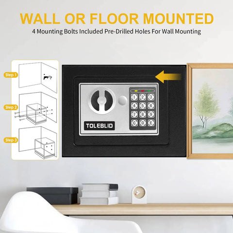 Extra Large Heavy Duty Home Safe Fireproof Waterproof Anti Theft Digital Safe Box shown wall mounted with installation steps