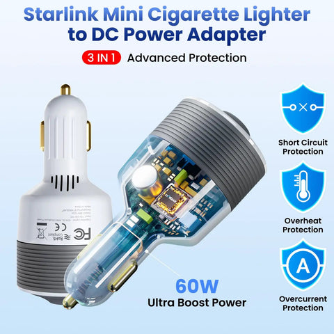 Starlink Mini Car Adapter 12V To 24V DC Step Up Converter With 60W Cigarette Lighter Power Boost Stable 24V Output For Starlink Mini Plug And Play 12V To 24V Charger For RVs Boats Trailers And On The Go, 3-in-1 protection