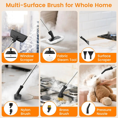 Multi-surface brush attachments for Powerful Handheld Steam Cleaner With 2500W Motor And 3 Bar Pressure including scraper and brushes.