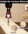 7-piece countersink drill bit set with aluminum alloy stop collar and 1/4 in hex shank, installed on drill drilling wood.