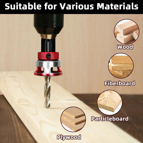 7-piece countersink drill bit set with aluminum alloy stop collar and 1/4 in hex shank, installed on drill drilling wood.