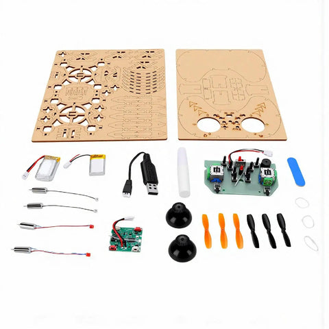 Totally Beginner Friendly Wooden Drone Kit For RC Quadcopter Training Remote Control Flying Toy parts laid out.