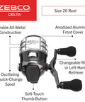 Delta Spincast Fishing Reel Size 20 With Right Or Left Hand Retrieve Pre Spooled With 6 Pound Line Built Tough With All Metal Construction Braid Ready Higher Drag Capacity Cool Gray Clam Packaging.