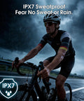 Cyclist in rain using Bluetooth 5.3 Wireless Earbuds With ENC Microphone Deep Bass IPX7 Waterproof for workouts