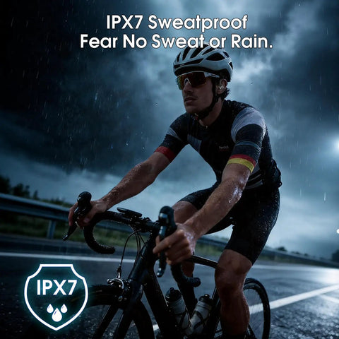 Cyclist in rain using Bluetooth 5.3 Wireless Earbuds With ENC Microphone Deep Bass IPX7 Waterproof for workouts