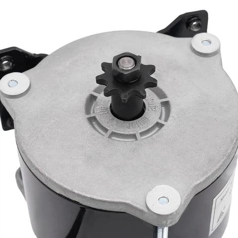 Close-up of Daily Driver 24 Volt 500 Watt Gear Reduction Brushed DC Motor top view with gear and mounting holes.