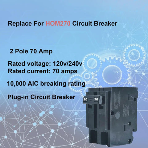 Front view of 70 Amp 2 Pole Circuit Breaker for 120/240V Load Centers Plug-N-Play Thermal Magnetic Breaker Replacement for HOM270