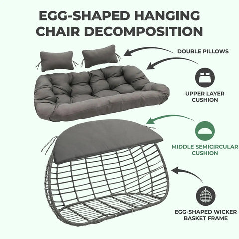 Double Egg Swing Chair With Stand For Outdoor Patio Hand Made Rattan Wicker Two Hanging Egg Chairs Hammock Chair With UV Resistant Cushions And Solid Metal Frame, Porch Loveseat For Backyard Chill showing cushion and wicker frame parts
