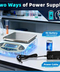 Pro Grade 5000g Digital Analytical Balance With 0.01g Resolution showing power supply options on lab bench