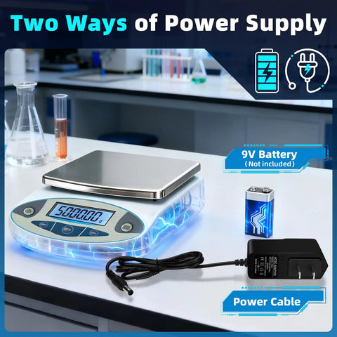 Pro Grade 5000g Digital Analytical Balance With 0.01g Resolution showing power supply options on lab bench
