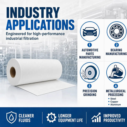 Industrial Coolant Filter Paper Roll 50cm by 100m 25 30 Micron Mixed Fiber Heavy Duty Filtration For Machine Shop Metal Particles