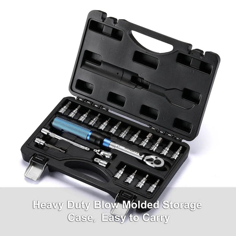 1/4 Inch Drive Click Torque Wrench Set Dual Direction Adjustable 72-Tooth in open storage case with extension bar and adapter