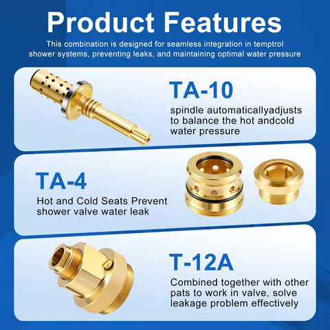 Shower Valve Rebuild Kit With TA-10 Flow Spindle, TA-4 Hot Cold Seats, And T-12A Cap for Temptrol Style Shower Valves image