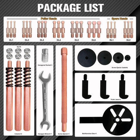Package contents of All-In-One 36-In-1 Bearing Puller Kit For Blind Hole Removal With 3 Jaw Hooks And Bearing Separator Pro Grade Heavy Duty Tools