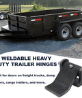 Trailer Hinges Heavy Duty Greasable For Dump Trailers And Trucks Door Hinge Built To Last With Smooth Swing And Steel Construction Fits Freight, Horse, And Cargo Trailers. Weldable steel trailer hinge on dump trailer door, shown with black dual-axle trailer.