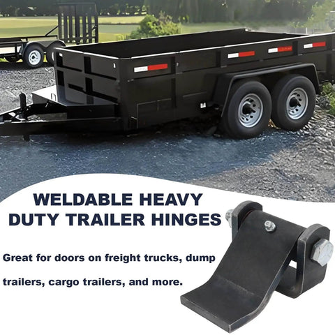 Trailer Hinges Heavy Duty Greasable For Dump Trailers And Trucks Door Hinge Built To Last With Smooth Swing And Steel Construction Fits Freight, Horse, And Cargo Trailers. Weldable steel trailer hinge on dump trailer door, shown with black dual-axle trailer.