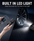 Slick Cordless Tire Inflator Compact Air Compressor For Tesla Cybertruck 2023 2024 2025 2026 With Digital Gauge auto shut off and LED light in use.
