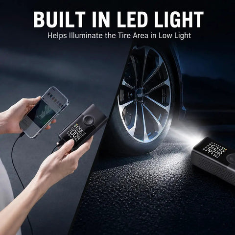 Slick Cordless Tire Inflator Compact Air Compressor For Tesla Cybertruck 2023 2024 2025 2026 With Digital Gauge auto shut off and LED light in use.