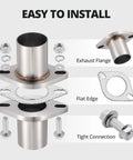 Beefy 2 Bolt Exhaust Flange Repair Kit With Solid 304 Stainless Steel Pipe And Gasket Set, exhaust flange and flat edge details.
