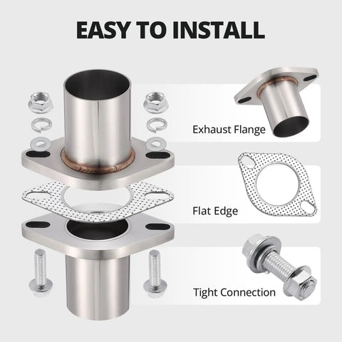 Beefy 2 Bolt Exhaust Flange Repair Kit With Solid 304 Stainless Steel Pipe And Gasket Set, exhaust flange and flat edge details.