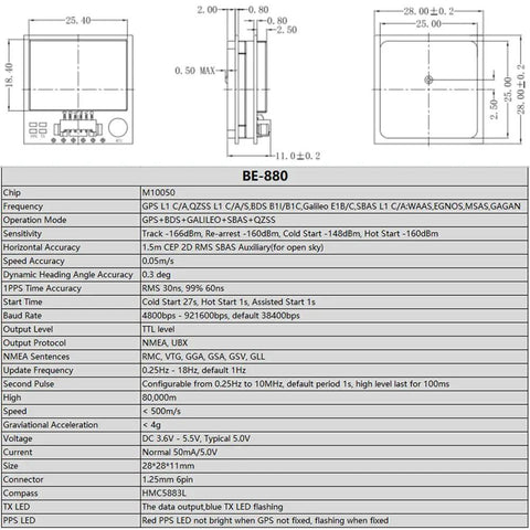 BE 880 GPS Receiver Module With Compass For Arduino FPV Flight Control specifications and dimensions chart.