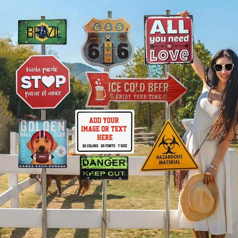 Rock Solid Kickin Custom Metal Signs For Your Biz Or Home Base Featuring Hassle Free Mounting And Weather Resistant Coating For Those Rad Garage Shed Or Workshop Upgrades with various designs displayed outdoors.