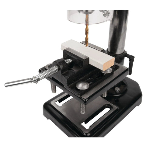 Heavy Duty Drill Press Vise With Beefy Etched Jaws, showcasing 2-1/2 inch clamping capacity and pivot handle for precision tasks.