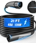 Heavy Duty Tesla Charger Extension Cable 21 Ft And 48 Amp Nacs Ev Cord coiled with plug, designed for reliable home charging.