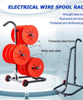 Heavy Duty Wire Spool Rack With Wheel For Industrial Cables And Ribbons, massive capacity red spools on durable steel frame