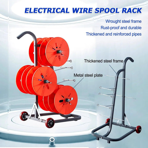 Heavy Duty Wire Spool Rack With Wheel For Industrial Cables And Ribbons, massive capacity red spools on durable steel frame