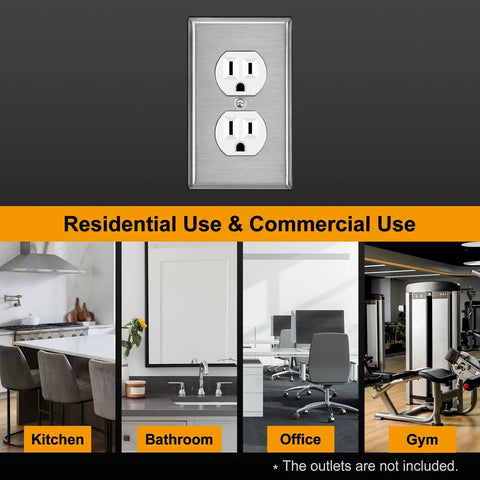 5 Pack Duplex Metal Wall Plates With Protective Film, 1 Gang Standard Size, Built To Last, Corrosion Resistant Stainless Steel Outlet