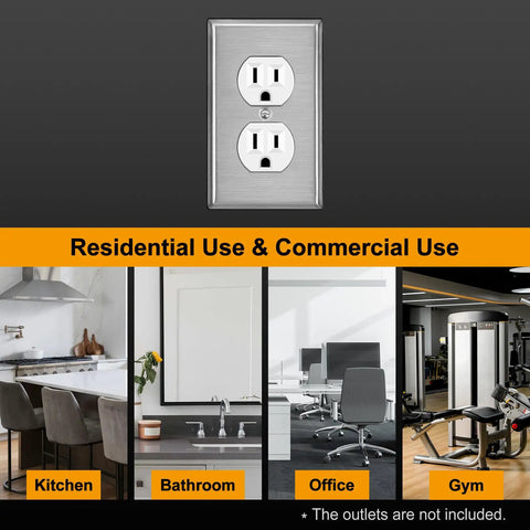 10 Pack Duplex Receptacle Metal Wall Plate With Protective Film For Easy Install 1 Gang Industrial Stainless Steel Outlet Cover in kitchen, bathroom, office, and gym settings.