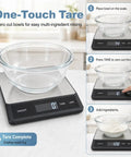Digital Kitchen Scale With 33Lb Capacity, showing tare function with glass bowl, waterproof stainless steel surface, USB power
