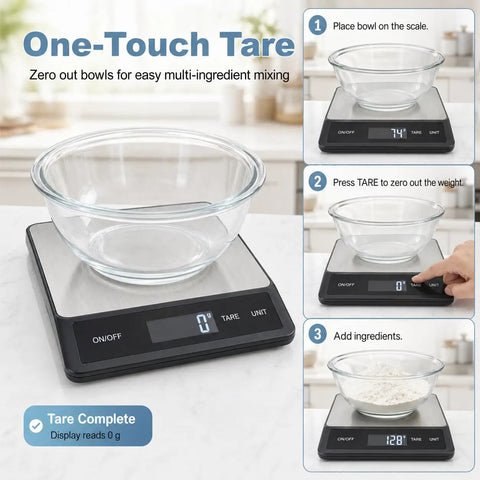 Digital Kitchen Scale With 33Lb Capacity, showing tare function with glass bowl, waterproof stainless steel surface, USB power