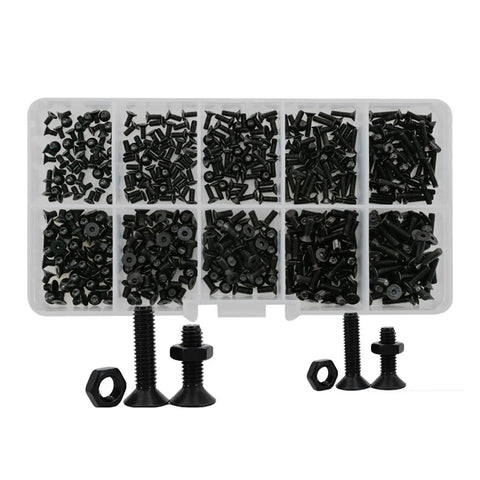 All In One Flat Head Hex Socket Screw Nut Kit For M6 Bolts And Nuts Heavy Duty Hardware Set Black Finish organized by size in box