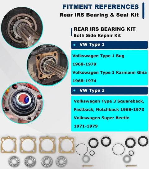 Diagram showing fitment references for VW Rear IRS Bearing Kit With Seals For Both Rear Swing Axles Ready-To-Go Drop-In Repair