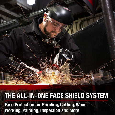Worker using OMNIShield Professional Face Shield With Premium Headgear High Density Clear Polycarbonate Lens for safety.