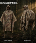Military Style Tactical Ripstop Camo Rain Poncho for Outdoor Survival and Adventure Gear in forest setting, front and back view.
