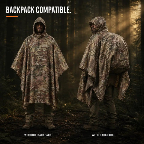 Military Style Tactical Ripstop Camo Rain Poncho for Outdoor Survival and Adventure Gear in forest setting, front and back view.
