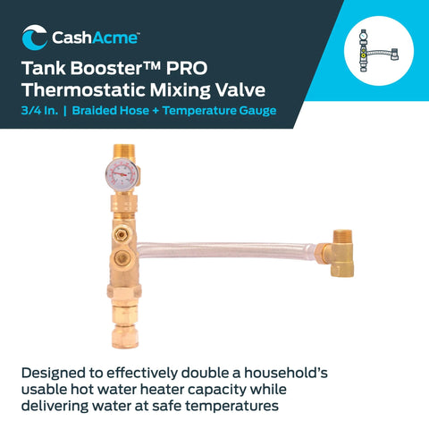 CashAcme Tank Booster Pro thermostatic mixing valve, 3/4 in brass body, braided hose, temperature gauge.