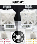 Comparison of 3D prints at 90% and 0% humidity, demonstrating the effectiveness of 8 Pack 3D Printer Filament Storage Boxes Portable Sealed Waterproof and Dustproof With Desiccant and Pen for Studio Office Workshop and Home Case Set Keeps Filaments Fresh and Organized for 1.75mm Spools
