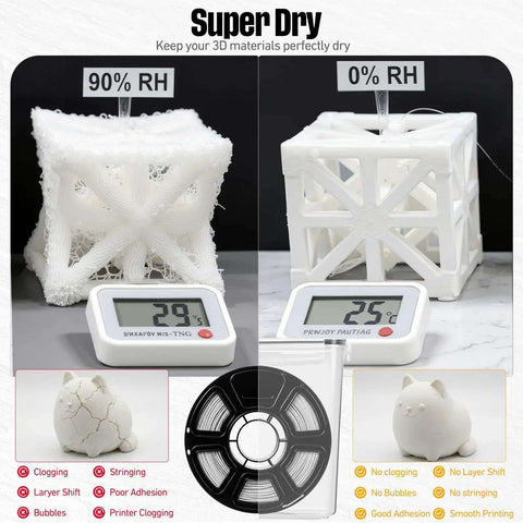 Comparison of 3D prints at 90% and 0% humidity, demonstrating the effectiveness of 8 Pack 3D Printer Filament Storage Boxes Portable Sealed Waterproof and Dustproof With Desiccant and Pen for Studio Office Workshop and Home Case Set Keeps Filaments Fresh and Organized for 1.75mm Spools