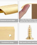 Details of Gold Edge Finger Pulls For Cabinets 6 Inch Set showcasing thickened edges, easy grip, counterbore design, and included screws.