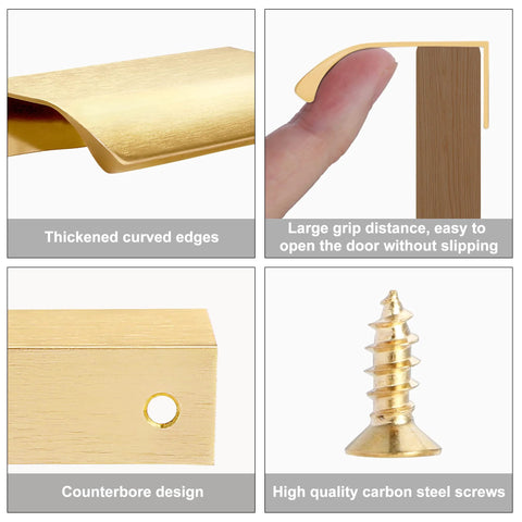 Details of Gold Edge Finger Pulls For Cabinets 6 Inch Set showcasing thickened edges, easy grip, counterbore design, and included screws.