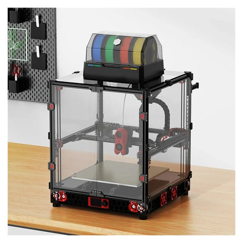 Klipper Rfid Filament Storage Box With Rgb Status Light For Automatic Spool Tracking And Dead Simple 3D Printing Workflow Compatible With Voron VZBot Killer Setup in a workshop showing colored spools.