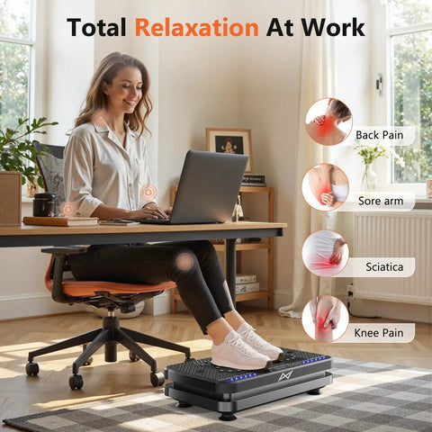 Woman using Vibration Plate Fitness Platform for full body workout and lymphatic drainage, sitting at desk with laptop, home office setup.