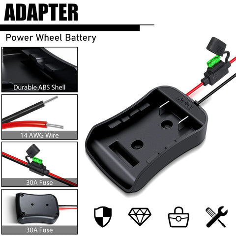 20V Battery Adapter And Power Wheels Conversion Kit With Fuse And 14 Gauge Wire For Ride On Trucks, Robotics, And RC Toys, Beefed Up Power, Safe High Power Quick Connect, Heat Resistant Wiring, Recessed Switches