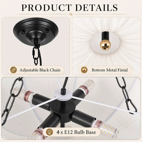 Finktonglan 19.7" White Pleated Fabric Chandelier with adjustable black chain and 4 E12 bulb sockets.