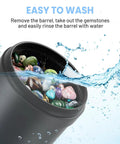 Ultra Quiet Rock Tumbler Kit With Noise Reduction Cover showing open barrel with colorful rocks and water splash