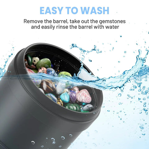 Ultra Quiet Rock Tumbler Kit With Noise Reduction Cover showing open barrel with colorful rocks and water splash